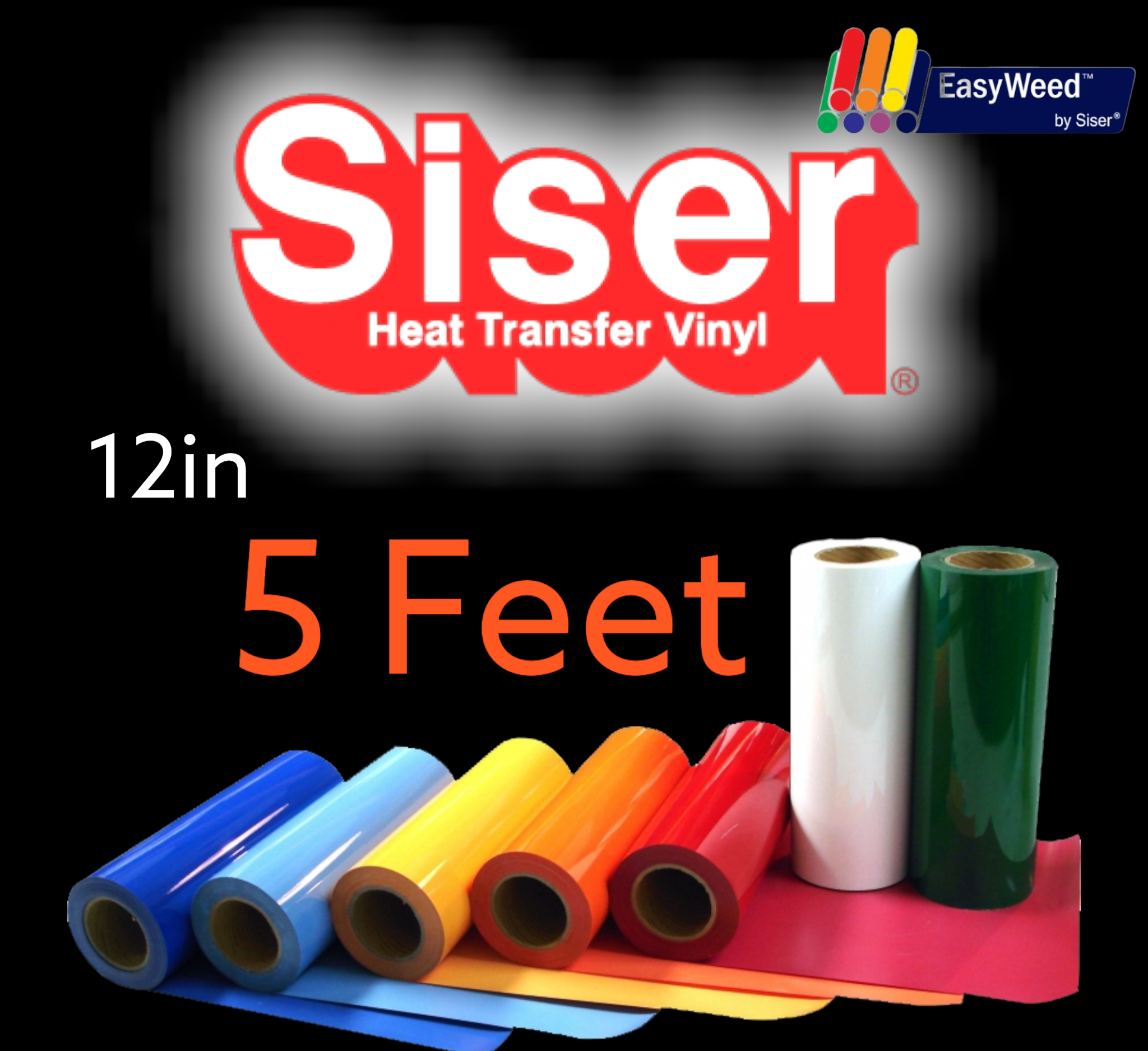 Siser EasyWeed Heat-Transfer Vinyl 12 x 7.5 Bundle Including Detailer Squeegee and 2x Black Felt Decals (6 Color Pack)
